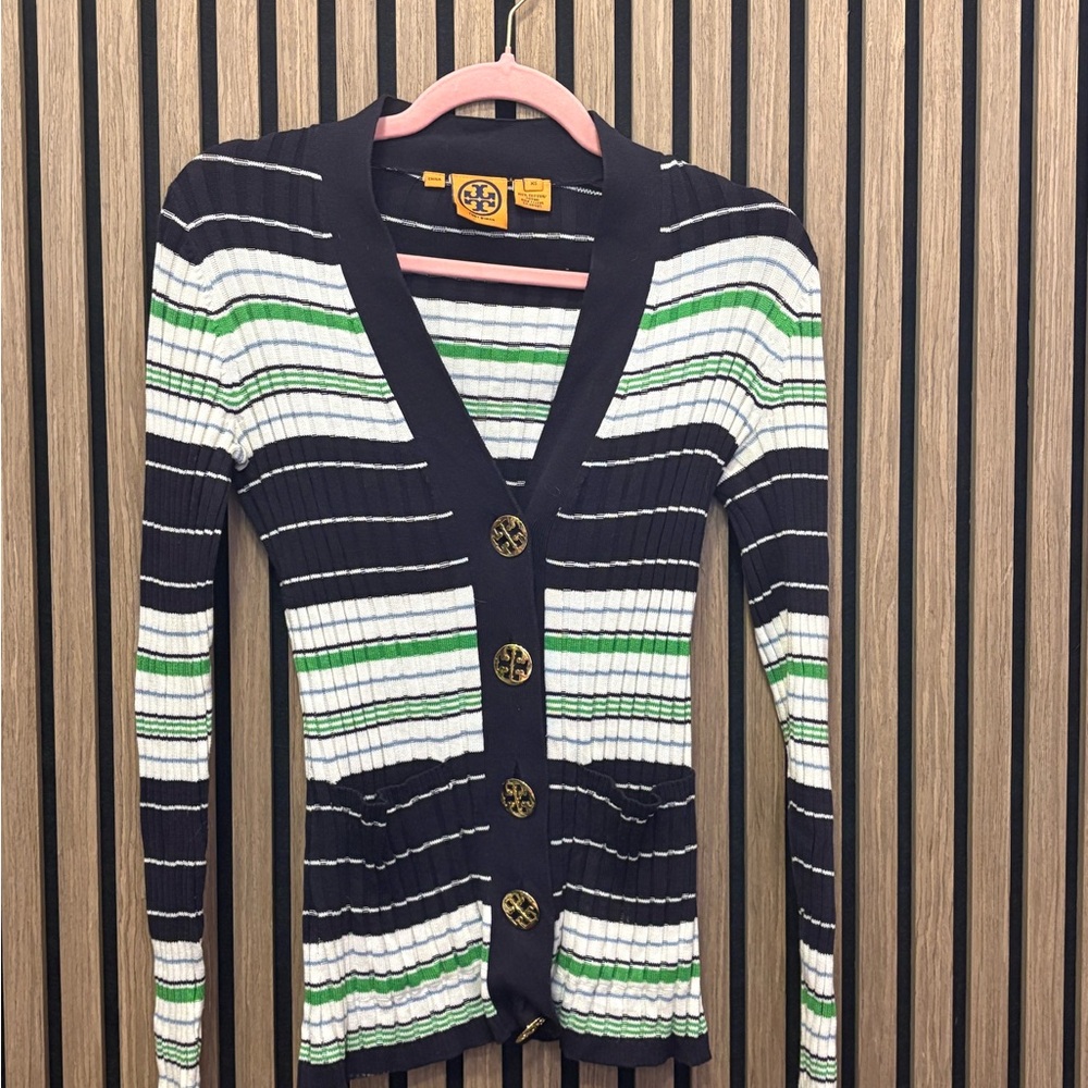 Striped Tory Burch Button-Up Sweater
